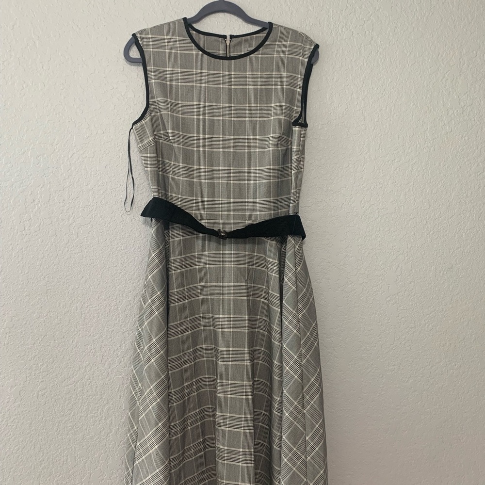 Danny & Nicole Gray Plaid Midi Dress with Black Trim